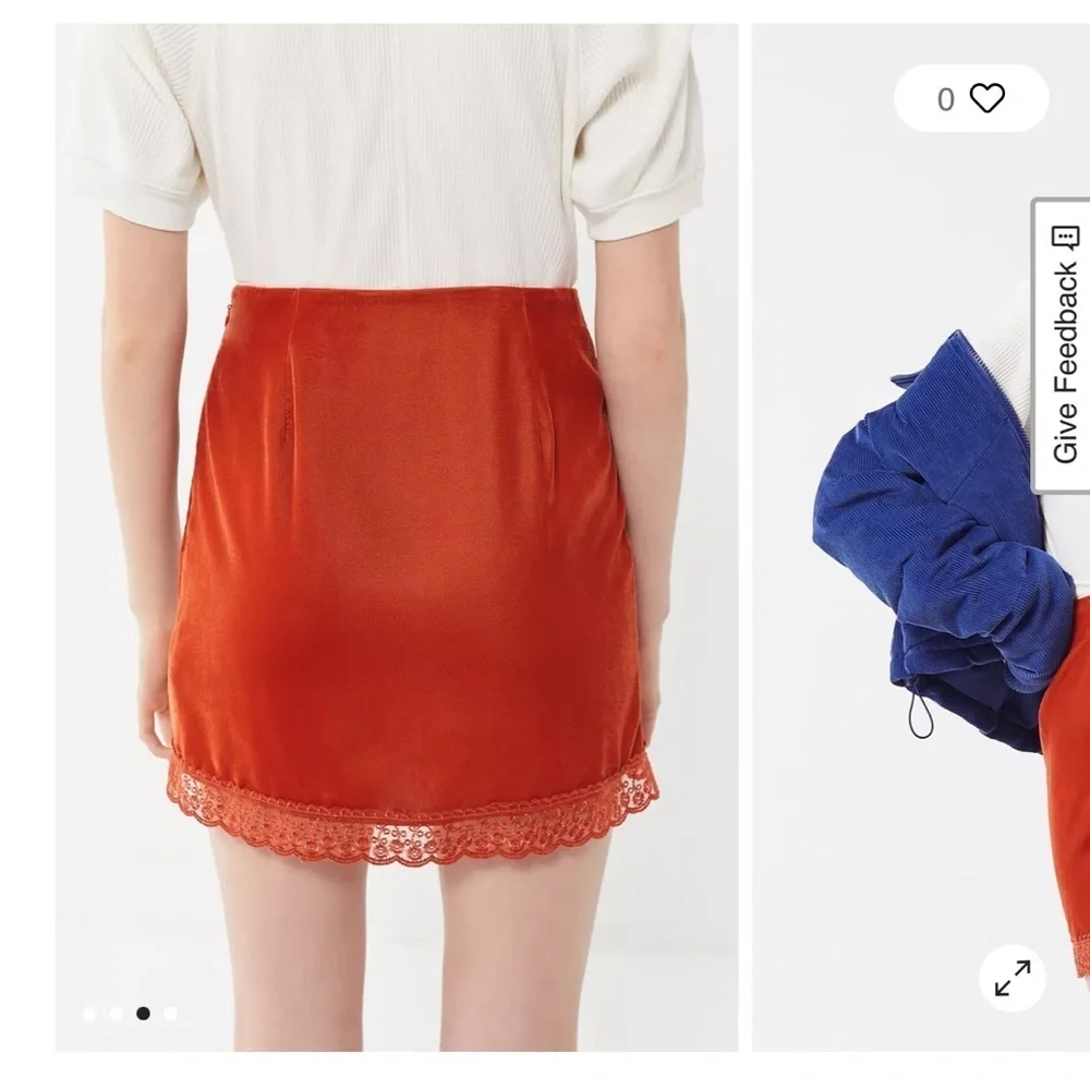 UO Lucy Velvet Lace Trim Mini Slip Skirt Rust Orange